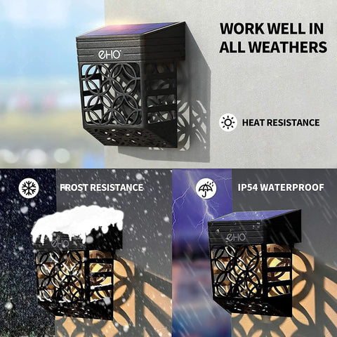 Halloween Solar Deck Lights Outdoor Waterproof LED Garden Decor 4 Pack in warm white, showing weather resistance in sun, snow, rain.