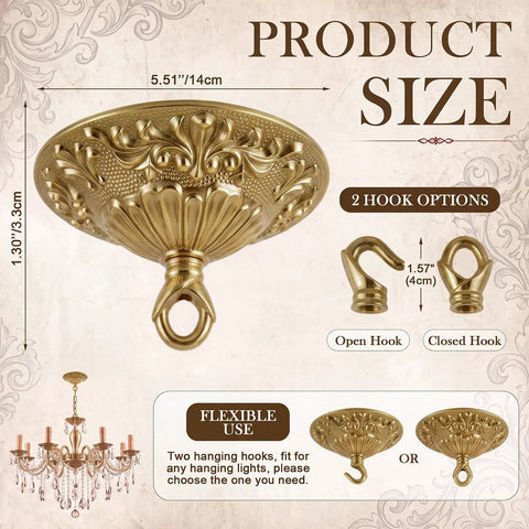Vintage Brass Chandelier Canopy Kit With Heavy Duty Mounting Plate For 5.51 Inch Ceiling Cover, Supports Up To 55 Lbs, Open And Closed Hooks, DIY Ready Mounting Hardware For Farmhouse Industrial Traditional Lighting Built To Last. 5.51-inch brass canopy with open and closed hooks