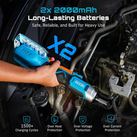Cordless Ratchet Wrench Set With 60 Ft-Lbs Torque, Beast Power 21V Max being used in an engine bay setup, highlighting two 2Ah batteries.