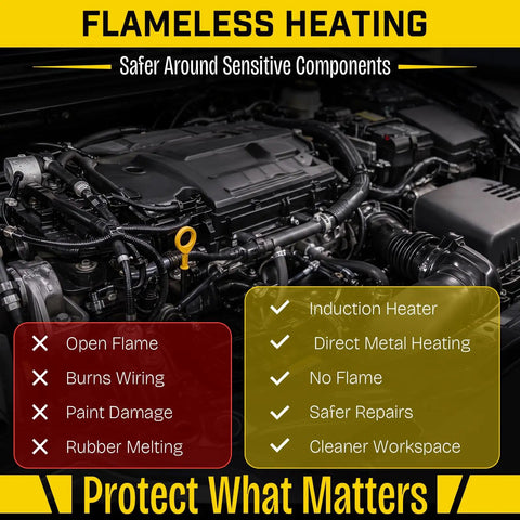 Flameless heating benefits for 1300W Magnetic Induction Heating Kit With Swappable Coils for safer repairs around sensitive components.