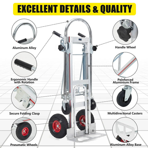 Premium Aluminum 3 In 1 Convertible Dolly Cart And 1000 Lb Hand Truck Built To Haul Heavy Loads Without Breaking A Back On Any Garage Cleanout Job, with ergonomic handle and pneumatic wheels.