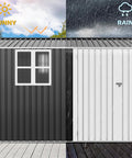 Large 12 By 8 Foot Outdoor Tool Shed With Window and Lockable Doors Sloped Roof Weatherproof Steel Garden Storage showing weatherproof design
