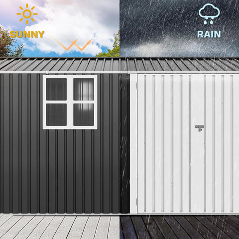 Large 12 By 8 Foot Outdoor Tool Shed With Window and Lockable Doors Sloped Roof Weatherproof Steel Garden Storage showing weatherproof design