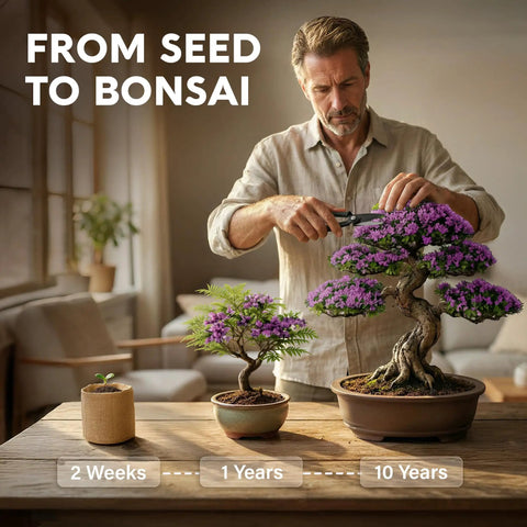 Man trimming Jacaranda bonsai tree at different growth stages with Bonsai Starter Kit For Growing Jacaranda Tree With Seeds, Tools, And Planter, Complete Indoor Bonsai Kit, Free Extra Seed Pack, Killer Gift For Mom, Women, And Men Who Dig Gardening, Easy, Fun, Beginner Friendly in a cozy room.