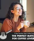 Stainless Steel Coffee Measurer Scoop 2 Tbsp Four Inch Tool shown with a person enjoying coffee, emphasizing perfect brew every time.