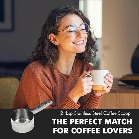 Stainless Steel Coffee Measurer Scoop 2 Tbsp Four Inch Tool shown with a person enjoying coffee, emphasizing perfect brew every time.
