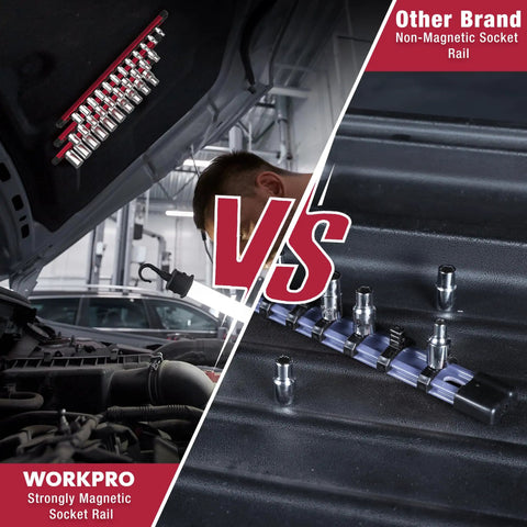 Comparison of Magnetic Socket Rail Organizer for 3/8-Inch Drive Set with 10 red clips and other non-magnetic socket rail.