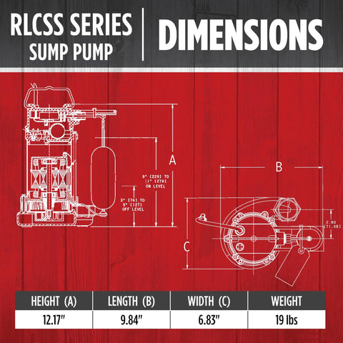 Dimensions diagram of Heavy-Duty 3/4 HP 115V Stainless Steel Sump Pump With Snap-Action Switch, 4500 GPH Steel Black Housing, 19 lbs
