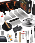 134 Piece Griddle Accessories Kit For Hibachi Flat Top Grills Perfect For Outdoor BBQs with tools and utensils including spatulas and basting cover.