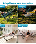Portable Hammock With Stand For Outdoor And Indoor Use Foldable And Fabric Tension Adjustable No Tools Needed Setup Is A Snap Carrying Bag Included 616 Lbs Weight Capacity Perfect For Backyard Or Camping Cyan. Image shows different usage scenarios: outdoor garden, camping, balcony, and living room.