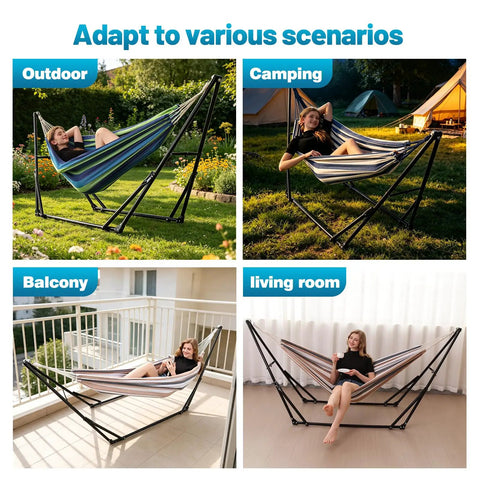 Portable Hammock With Stand For Outdoor And Indoor Use Foldable And Fabric Tension Adjustable No Tools Needed Setup Is A Snap Carrying Bag Included 616 Lbs Weight Capacity Perfect For Backyard Or Camping Cyan. Image shows different usage scenarios: outdoor garden, camping, balcony, and living room.