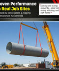 Red 30ft Endless Round Polyester Rigging Sling Built Tough For Industrial Lifting And Rigging Work Made In USA With 13,200 Lb Vertical Load And 10,560 Lb Choker Capacity used to lift a large pipe