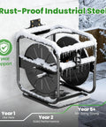 Garden Hose Reel With 360 Degree Swivel Base Holds 100 To 200 Ft Hoses Upgraded Guide System Includes 5/8 Inch By 6 Foot Leader Hose Wall Mount Or Floor Spool For Outdoor Yard No Fuss Roll And Neat Water Setup shown in snowy conditions, features rust-proof industrial steel.