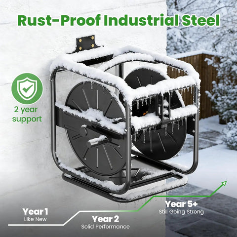 Garden Hose Reel With 360 Degree Swivel Base Holds 100 To 200 Ft Hoses Upgraded Guide System Includes 5/8 Inch By 6 Foot Leader Hose Wall Mount Or Floor Spool For Outdoor Yard No Fuss Roll And Neat Water Setup shown in snowy conditions, features rust-proof industrial steel.