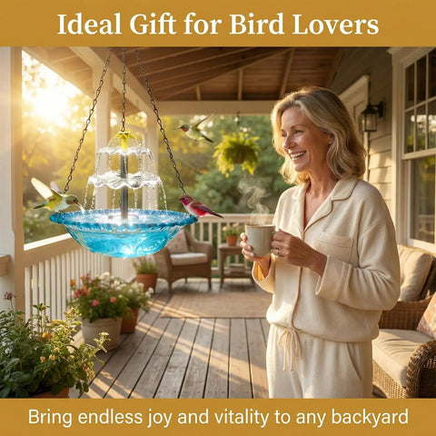 Sun Powered Hanging Bird Bath Fountain With Cascade Water Feature For Outdoor Garden Patio Backyard Lawn Decor Blue No Wiring Needed Easy Setup And Water Motion To Attract Birds And Elevate Your Outdoor Space installed on a porch.