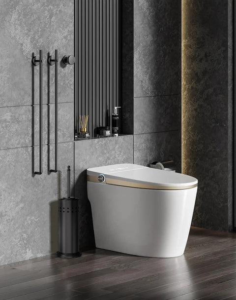 Heavy Duty Toilet Plunger With Sturdy Powder Coated Iron Holder For Modern Bathrooms And Beast Mode Suction Rubber Cup That Kicks Nasty Clogs To The Curb In Pure Black Finish stored beside a sleek modern toilet.