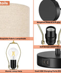 Close-up of Set Of 2 Tall Touch Control Lamps With USB Ports, showing lamp parts like fabric shade, base, harp, bulb, socket, and USB ports.