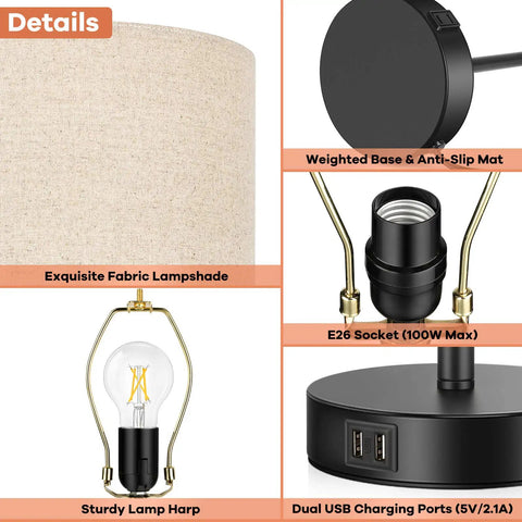 Close-up of Set Of 2 Tall Touch Control Lamps With USB Ports, showing lamp parts like fabric shade, base, harp, bulb, socket, and USB ports.