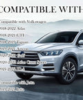 Car in focus with text listing compatible VW models for Premium Windshield Washer Fluid Cap For Volkswagen Atlas Tiguan Arteon Jetta And More Durable Windshield Washer Reservoir Cap With OEM 3Q0955455 Fit Tight Seal Easy Pop In Replacement.