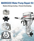 Components of Water Pump Impeller Repair Kit 3T5 87322 3 for Nissan Tohatsu Outboard 40 50 HP displayed with boat motor.