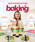 Child holding Whimsical Hot Air Balloon Madeleines Kids Baking Kit with silicone mold, colorful batter, icing, and recipe book.