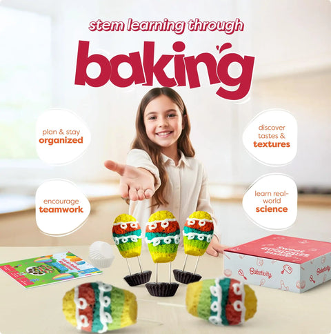 Child holding Whimsical Hot Air Balloon Madeleines Kids Baking Kit with silicone mold, colorful batter, icing, and recipe book.