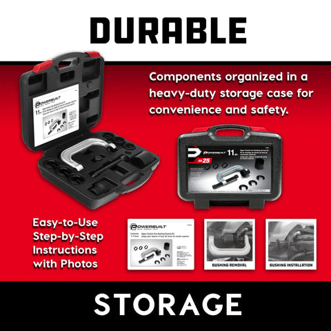 Open heavy-duty case of Upper Control Arm Bushing Service Tool Set For Ford GM And Chrysler with organized components and manual