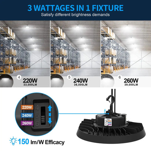260W LED High Bay Light UFO with tunable 3 color 4000K 5000K 5700K, dimmable 1-10V, 39,000LM, 100-277V AC, ETL listed lighting demo