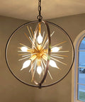 Modern Sputnik Style 6 Light Starburst Chandelier, 18-Inch Globe Fixture In Black And Gold hanging in a room