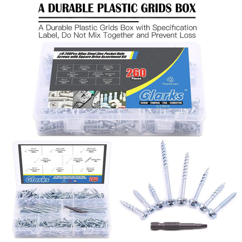 260 Piece Pocket Hole Screw Set With 8 Sizes Square Drive Coarse And Fine Thread Self Tapping Screws in clear box