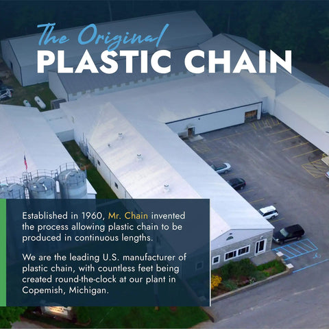 Aerial view of Mr. Chain manufacturing plant in Copemish, Michigan, highlighting original plastic chain production.