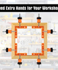 90 Degree Clamp Set With Positioning Squares Three Inch Four Inch And Two Point Three Inch Right Angle Clamp With Twelve Clamping Squares For Corner Jigs And Woodworking Projects Like Picture Frames Cabinets And Boxes Handy Pro Grade Gear For Your Shop holding a wooden square frame