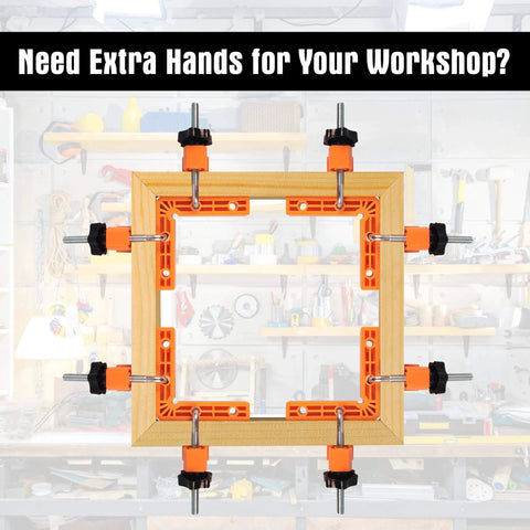 90 Degree Clamp Set With Positioning Squares Three Inch Four Inch And Two Point Three Inch Right Angle Clamp With Twelve Clamping Squares For Corner Jigs And Woodworking Projects Like Picture Frames Cabinets And Boxes Handy Pro Grade Gear For Your Shop holding a wooden square frame