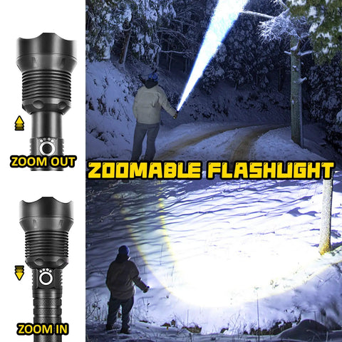 Beast Mode 90,000 Lumens Rechargeable LED Flashlight With Zoomable Beam, illuminating snowy path at night, zoom feature shown