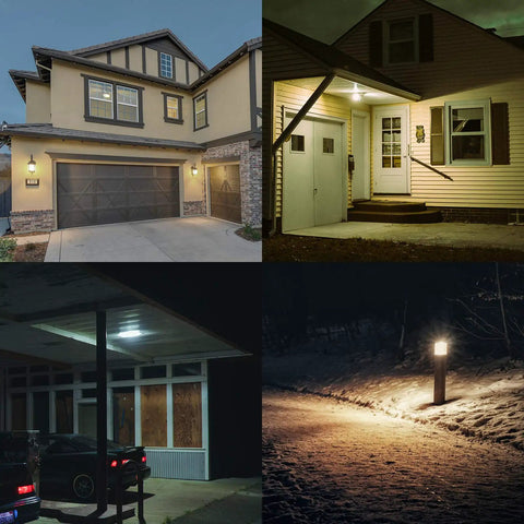 Motion Sensor Outdoor Light Bulbs 15W 100W Equivalent, 1500LM, installed in garage, porch, driveway, and patio at night