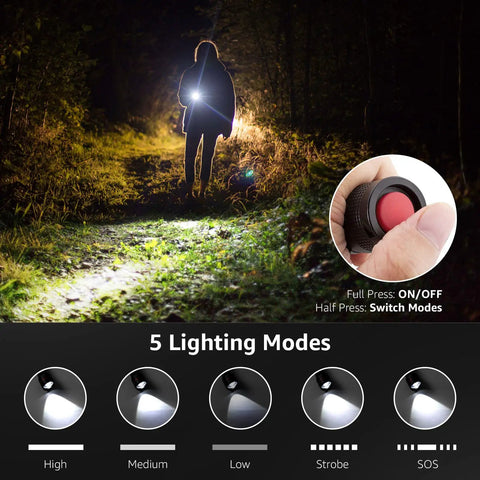 Person using Ultra Bright LED Flashlight With Clip, Zoomable Beam, Five Lighting Modes, Waterproof And Lightweight outdoors