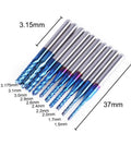 Nano Blue Coat End Mills Set For CNC Router Bits, 10 Pieces, various cutting diameters, one eighth inch shank, ultra fine carbide