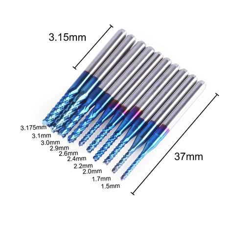 Nano Blue Coat End Mills Set For CNC Router Bits, 10 Pieces, various cutting diameters, one eighth inch shank, ultra fine carbide