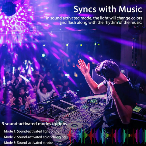 DJ using UV Black Light Lit Glow Party Kit 3 Pack with remote sound activated LED disco ball lights, vibrant purple glow at party.