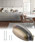 Hella Sleek Vintage Cabinet Cup Pulls Six Pack With 3.5 Inch Hole Centers Antique Bronze Zinc Alloy hardware handle in kitchen setting.