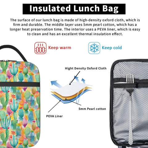 Desert Cactus Flower Insulated Lunch Bag Tote Portable Lunch Box with high-density oxford and PEVA liner.
