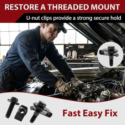 Mechanic using 50 Pcs M6x1.0 Automotive Body Bolts And U Nut Clips Kit for vehicle repair in garage setting.