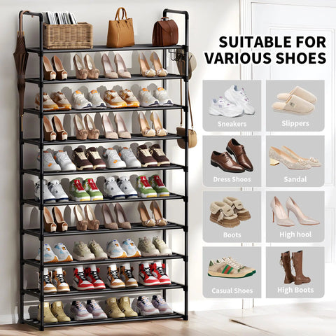 Heavy Gauge 10 Tier Metal Shoe Rack With Side Hooks That Truly Is A Total Game Changer For Holding Up To Forty Five Pairs Of Sneakers And Boots In Any Entryway Closet
