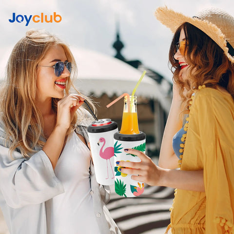 Two women enjoying drinks with Premium 4 Pack 16 Oz Sublimation Beer Can Cooler Blanks Vacuum Insulated Stainless Steel Tumblers.