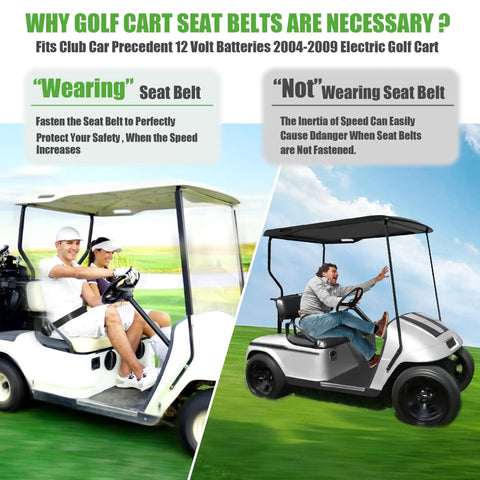 Image showing comparison of golf cart safety with and without seat belts, highlighting importance for Club Car Precedent 2004-2009.