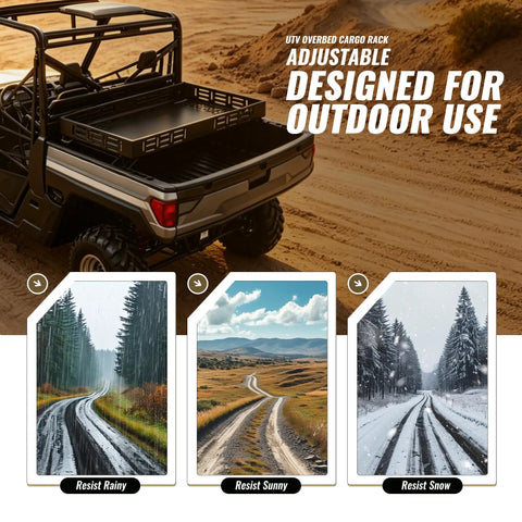 Badass Universal UTV Overbed Cargo Rack With Adjustable Mounting Brackets That Install Fast And Fit Most Side By Side Beds For Zero Headache Gear Storing on UTV in outdoor setting.
