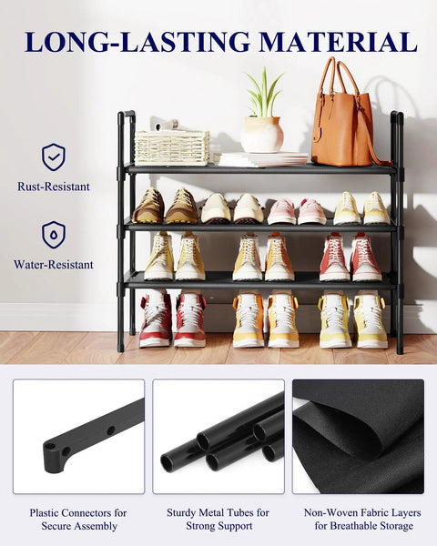 Three Tier Shoe Organizer Rack For Closet Entryway And Bedroom With Wide Shelves Easy Assembly Go To Storage Shelf With Side Handles Durable Black 27.6 Inches Wide showcasing shoes and decorative items in a home setting.