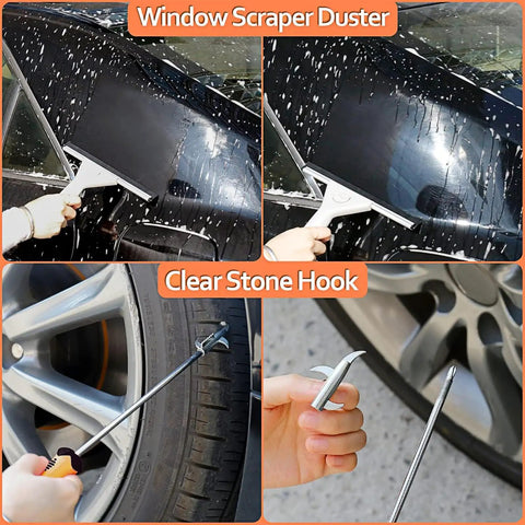 Orange Must Have All In One Car Detailing Kit with window scraper on wet car window and tire stone hook tool close-up.