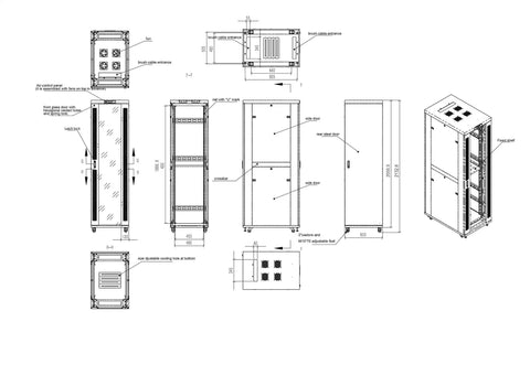 Technical drawing of Beefy 42U Server Rack Cabinet With 35 Inch Depth Free Standing IT Enclosure Air Control System Four Cooling Fans PDU.