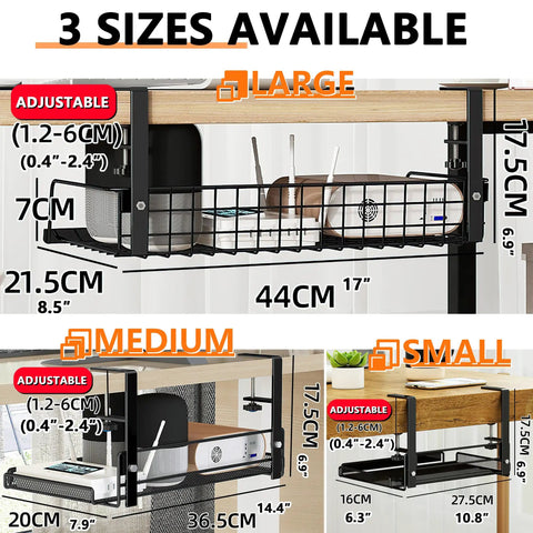 Under Desk Cable Organizer And Desktop Cord Keeper With Versatile Wire Management Box For Computer Setup displays three adjustable sizes.